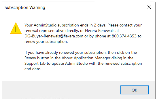 Subscription warning message for Self-hosted and Concurrent license types